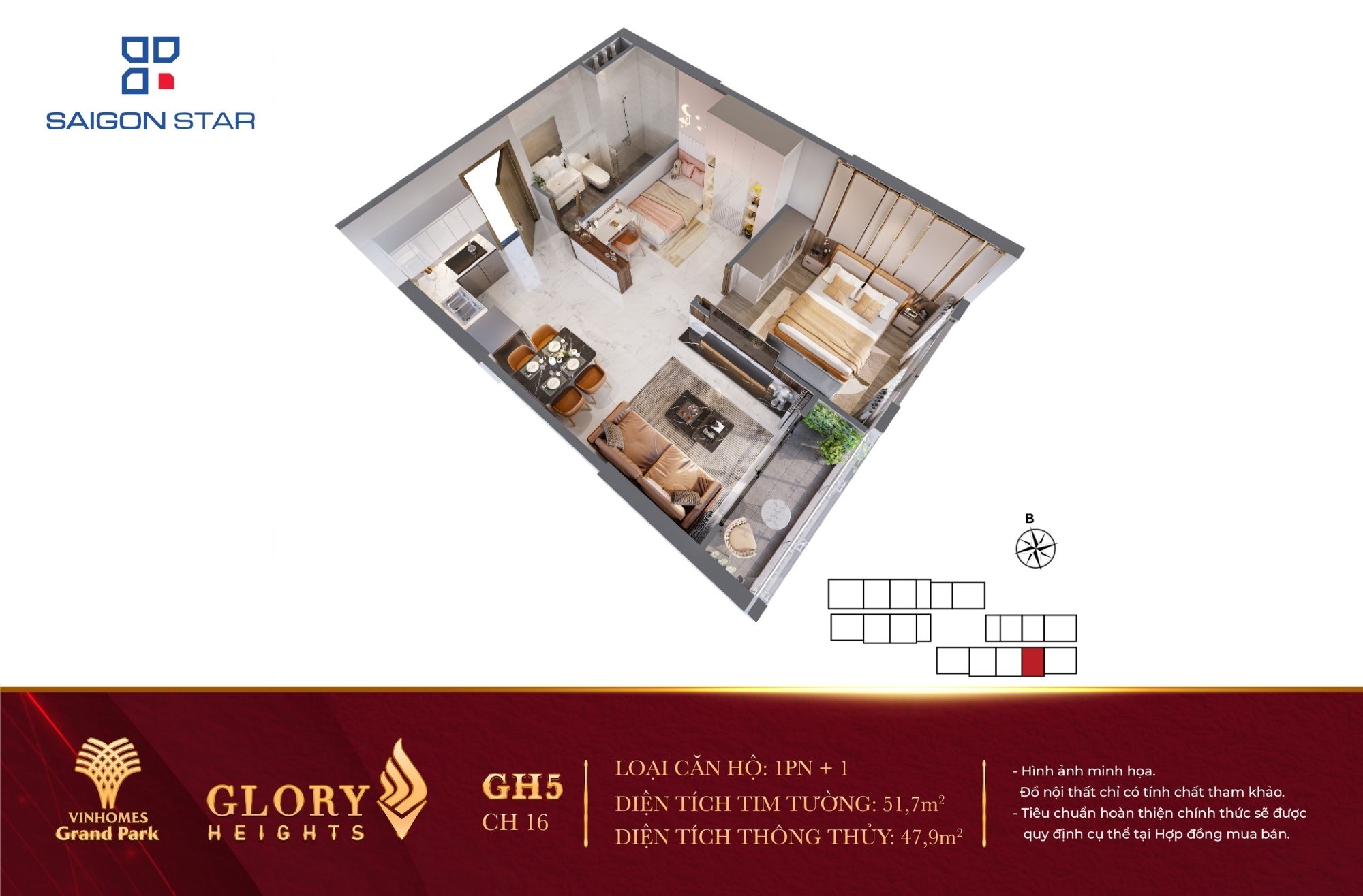 Căn hộ 1PN+1 Glory Height